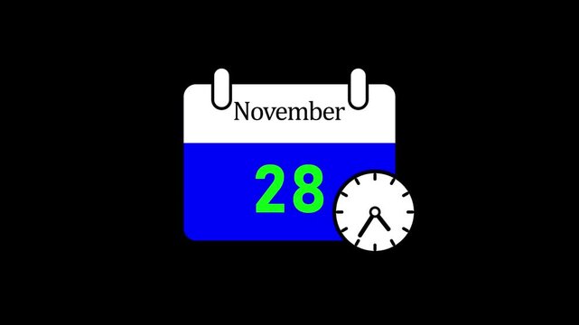 Blue calendar with clock and date november 28th digital time management concept
