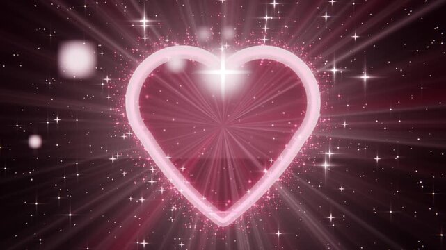 Brightening neon-pink heart outline initiating glitter spray and pulsing lines for glow on maroon