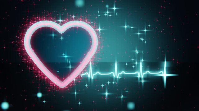 Pulsing neon heart drawing ECG on teal gradient as cross glint appearing showing pulse, copy space