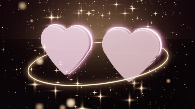 Rotating two pink 3D hearts splitting above golden ring as camera shifts, revealing side profiles