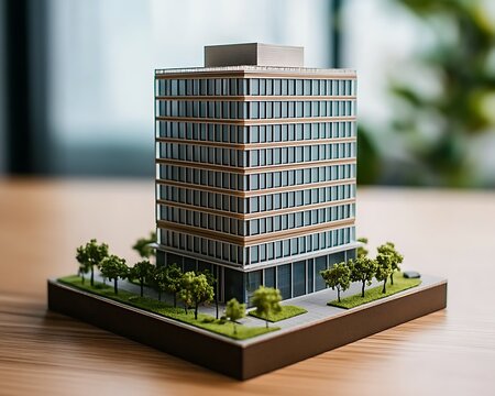 Detailed architectural model of modern office building with surrounding miniature trees.