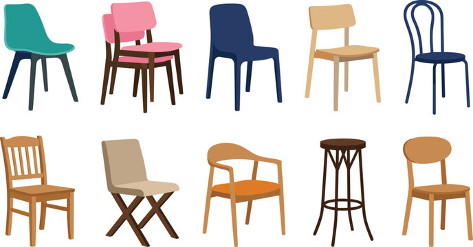 Modern Chair Collection Vector Set Featuring Wooden Plastic Dining Office Bar Stool and Contemporary Seating Furniture Isolated on White Background