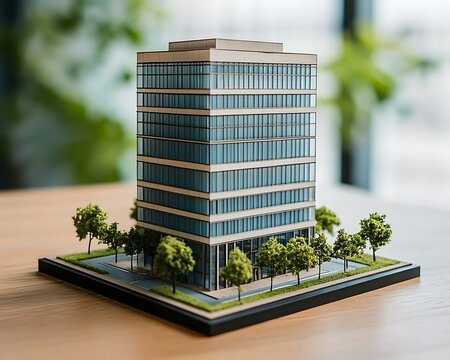 Detailed architectural model of modern office building with surrounding miniature trees.