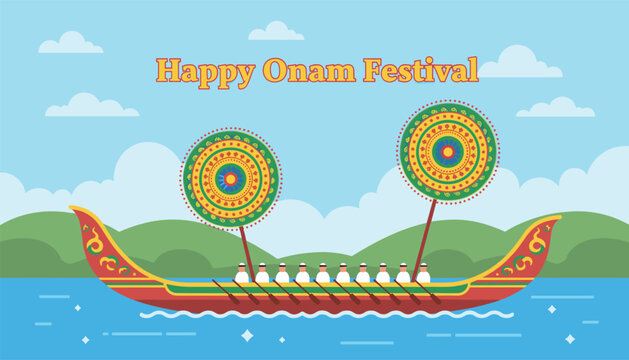 Happy Onam festival celebration illustration showing a traditional snake boat with rowers and colorful parasols in Kerala.
