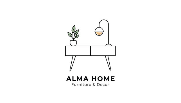 Elegant minimalist line art logo for Alma Home furniture and decor featuring a sleek console table, plant, and lamp.