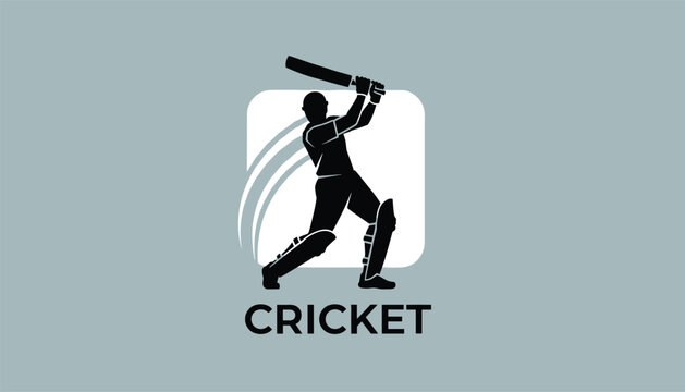 Minimalist cricket logo featuring a black silhouette of a batsman hitting a ball on a gray and white background.