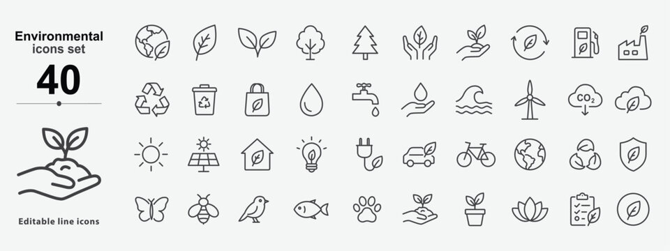 Collection Of Environmental Line Icons Featuring Leaves Trees Weather And Wildlife Elements ecology environment sustainability conservation