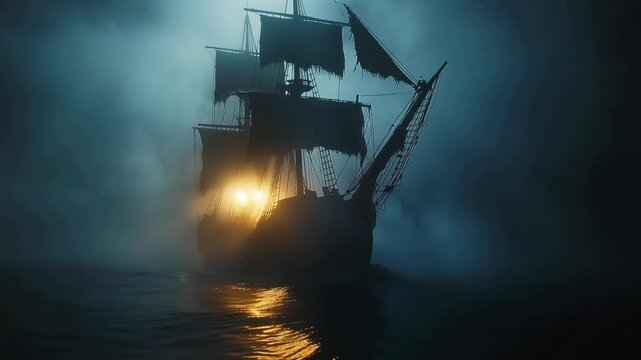 Haunted ancient ship with tall sails crossing foggy dark waters as golden light glows through the mist creating dramatic ocean mystery scene filled with adventure legend suspense at nightfall offshore