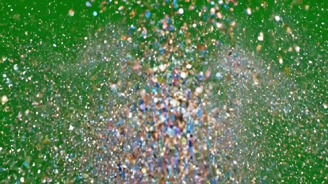 Explosion of colorful confetti against a vibrant green background, creating a celebratory and festive atmosphere.