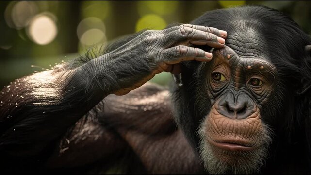 Close up view of a chimpanzee grooming in the wild forest