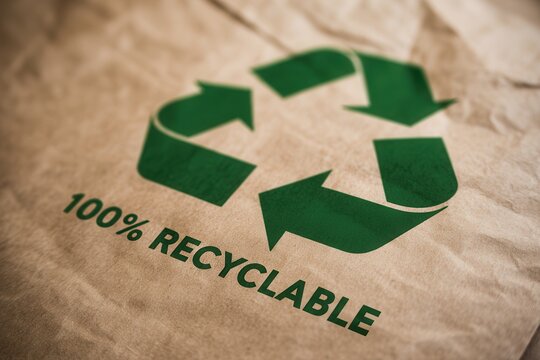 A 100% recyclable symbol printed on brown paper. Zero waste living concept.