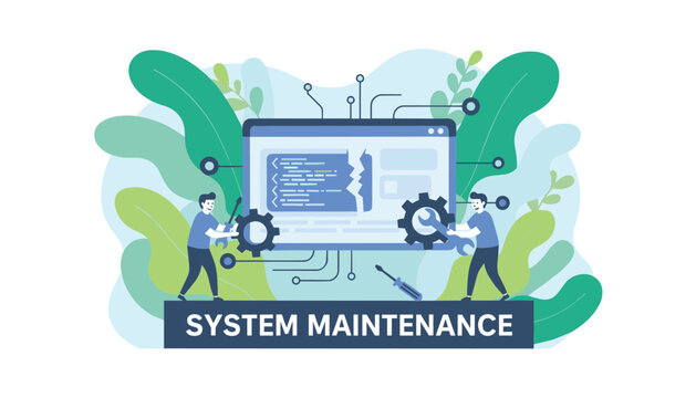 IT system maintenance illustration with technicians repairing a broken computer operating system using tools.