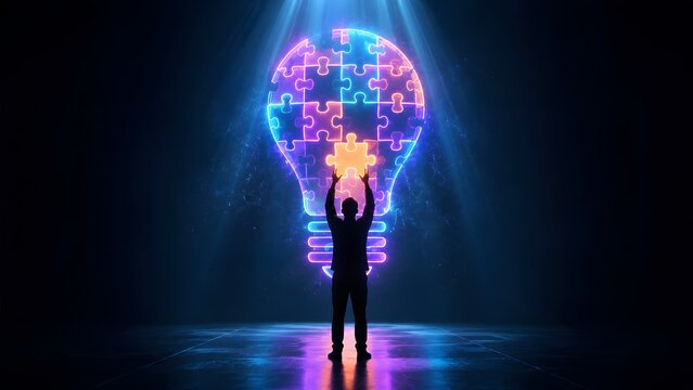 Man completing a glowing neon puzzle light bulb, symbolizing a crucial step in digital innovation and finding the perfect solution in a futuristic tech world.