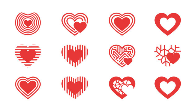 Collection of twelve creative red heart icons with unique patterns like stripes, circles, mazes, and geometric mosaic cracks.