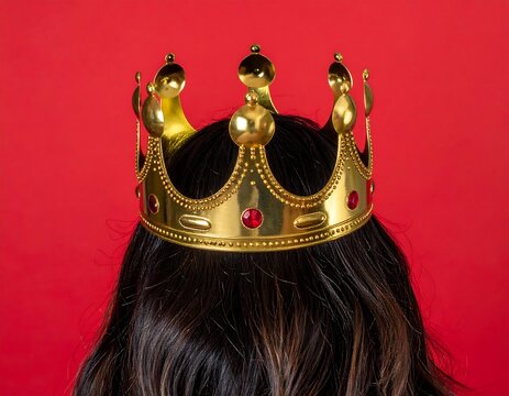 A person wears a gold crown against a red background