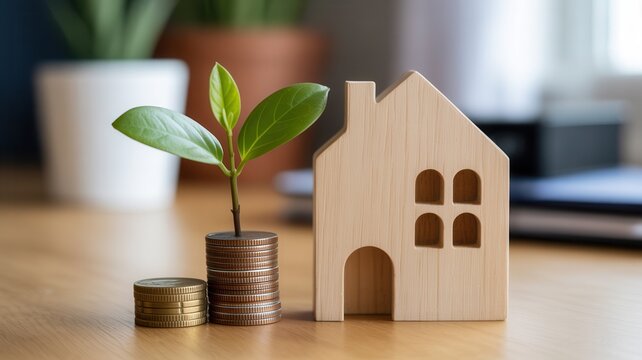 A small wooden house model beside a sprout on coins. Real estate growth.