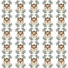 Fototapeta premium Cute Squirrel Face Seamless Pattern with Floral Ornaments