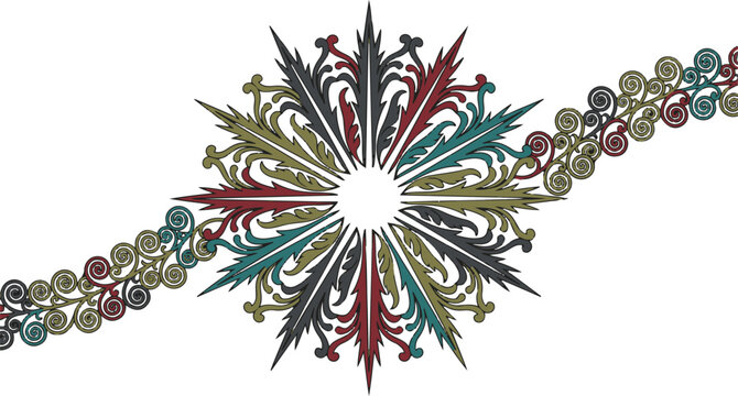Decorative sunburst medallion with radiating acanthus leaves and scrolling floral border in red, teal, olive green, and dark charcoal gray