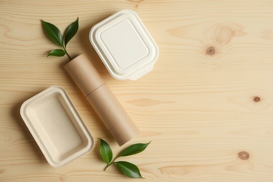 Eco-friendly food containers on wood. Sustainable takeaway packaging concept.