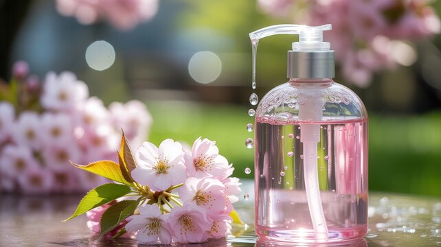 Pink liquid soap with cherry blossoms. Wellness and beauty product concept.
