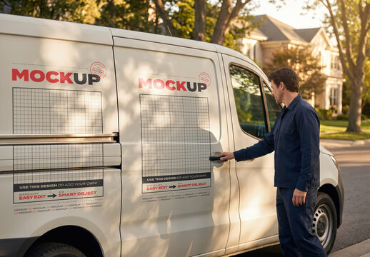 Delivery Driver Opening Van Truck Delivery Branding Mockup