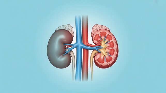 Anatomical view of human kidneys with adrenal glands. Medical education tool.