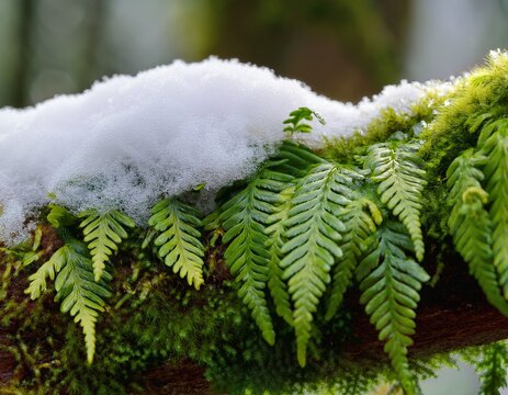 fresh green moss and fern fronds covered with spring snow create a macro nature texture on a forest tree branch