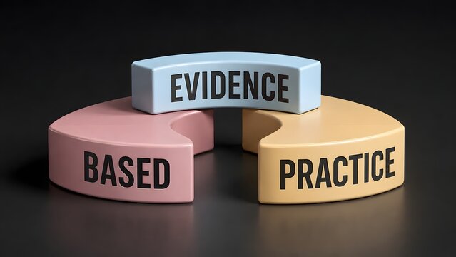 A 3D rendering of three puzzle-like blocks forming 'Evidence-Based Practice' on a dark background, symbolizing a methodical approach to decision-making and professional standards.