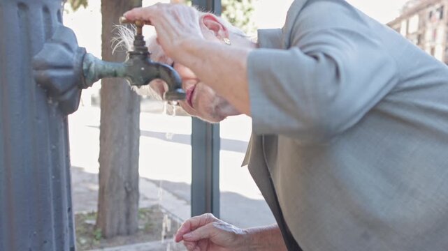 Thirsty elderly woman drinking from public water fountain