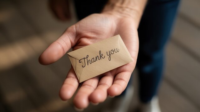 Person holding a small note reading Thank You. Concept of appreciation.