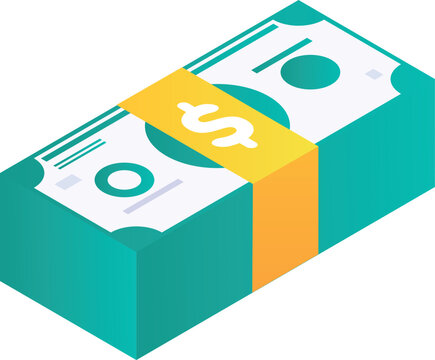 Dollar cash stack isometric 3D icon. Bundled currency notes wrapped. USD wealth sign, finance, banking, savings, investment, growth, global economic business, banking financial app, fintech UI symbol