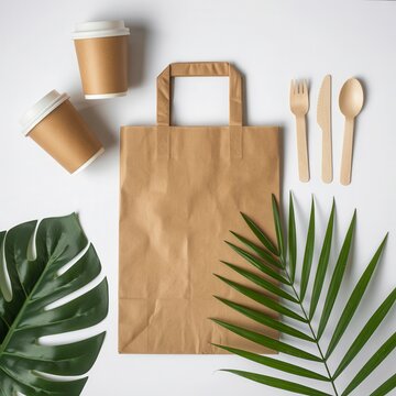 Eco-friendly packaging isolated on white background. Sustainable takeaway food.