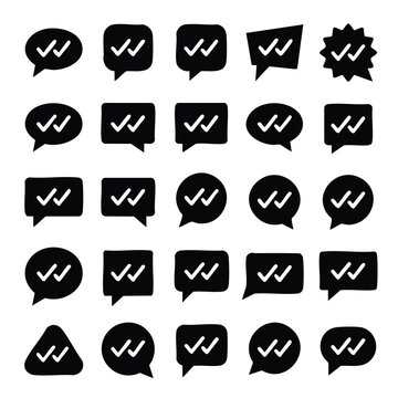 Black speech bubble icons with double check marks verified approval communication interface dialogue silhouette template isolated business discussion notification creative validation