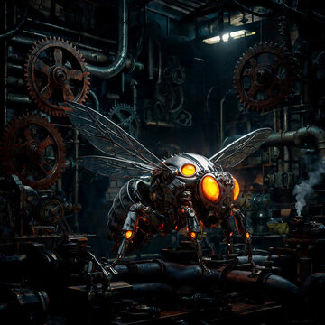 A mechanical bee robot in a mechanical dark room full of gears.