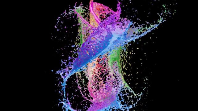 Several colorful spheres of liquid colliding in the center and exploding into a spectacular paint splash against a transparent black background.