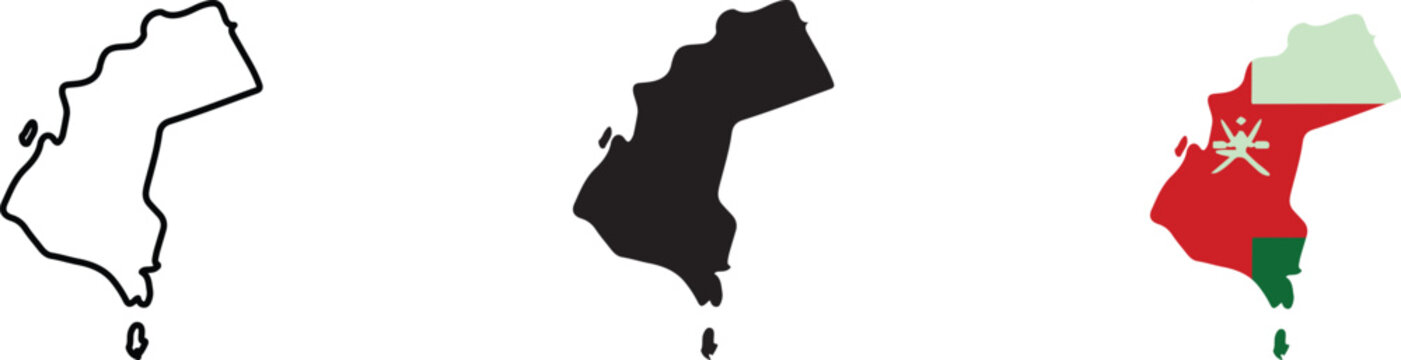 Three variations of the oman country map, including a simple black outline, a solid black silhouette, and the national flag of oman filled within the country border shape, isolated