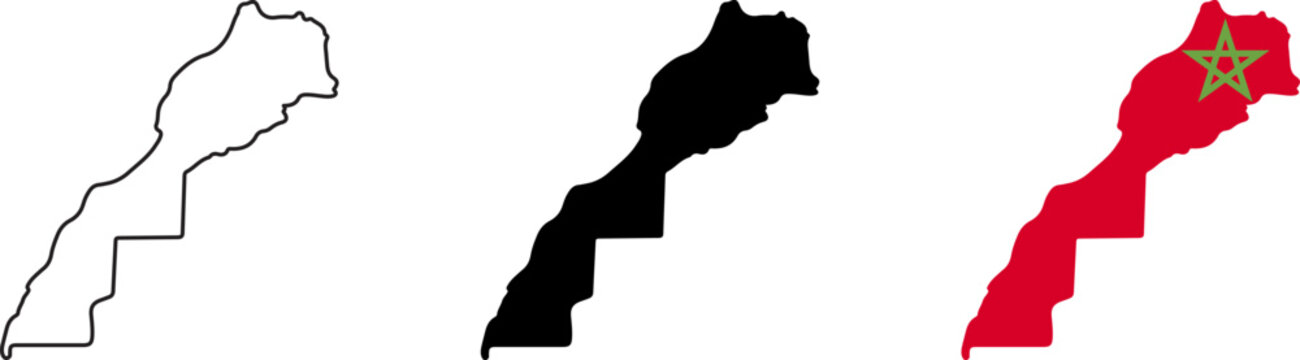 Three variations of the morocco country map, including a simple black outline, a solid black silhouette, and the national flag of morocco filled within the country border shape, isolated