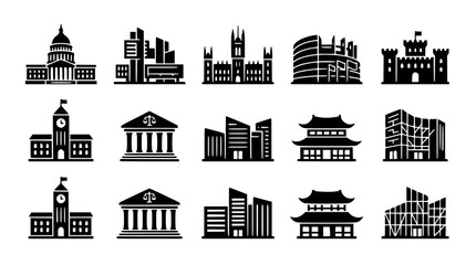 Obraz premium Collection of global government and landmark building icons in flat vector style. Modern architectural symbols for urban design, city planning, and...