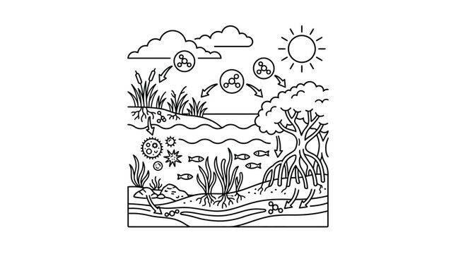 Clean Black and White of the Water and Nitrogen Cycle in Nature with Plants Fish and Microorganisms