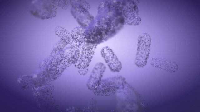 Soft violet bacterial particles float through a luminous microscopic environment, forming an abstract cinematic medical scene for biotech branding and advertising.