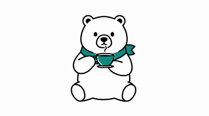 Fototapeta premium Polar bear wearing scarf drinking hot coffee illustration