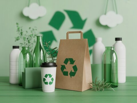 Recyclable paper bag and glass bottles on green table. Sustainability theme.
