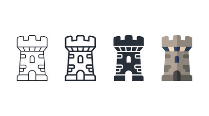 Set of medieval fortress tower icons in various styles, including outline, glyph, and flat color design for game and historical concepts