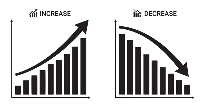 Business growth and decline chart comparison. Financial trend analysis with rising and falling bar graphs for performance metrics.