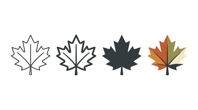 Set of maple leaf icons in various styles including line art, solid silhouette, and colorful autumn foliage designs for seasonal projects
