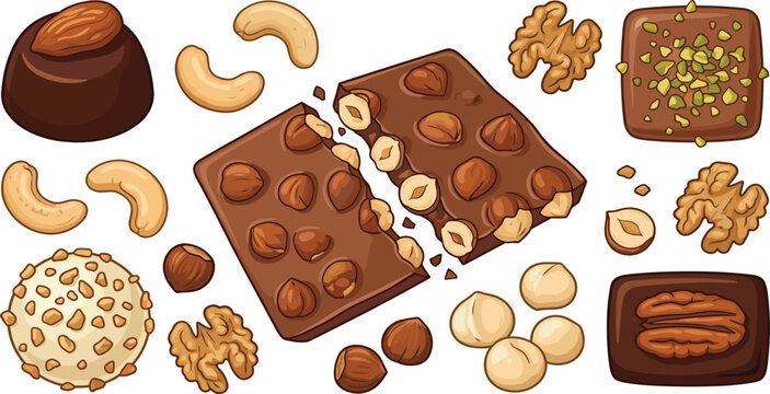 Artisanal Chocolate Bar and Truffle Icon Set with Whole Hazelnuts Almonds Cashews Walnuts and Pecans Vector Illustration for Premium Confectionery Designs