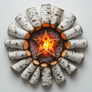 Starshaped fire pit surrounded by birch logs isolated on white background