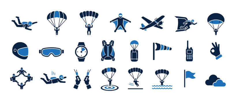 Flat Design Skydiving and Parachuting Icons Collection.