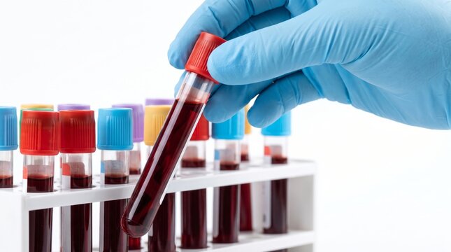 Gloved hand holding blood test tube in front of laboratory rack