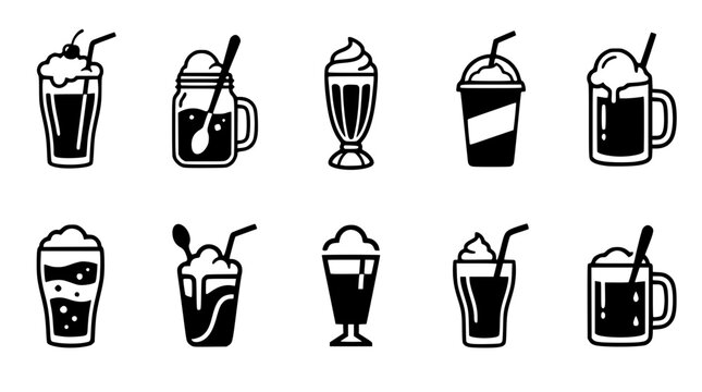 Set of cold root beer float drinks with whipped cream and straws. Classic soda dessert icons in black and white line art style for branding.